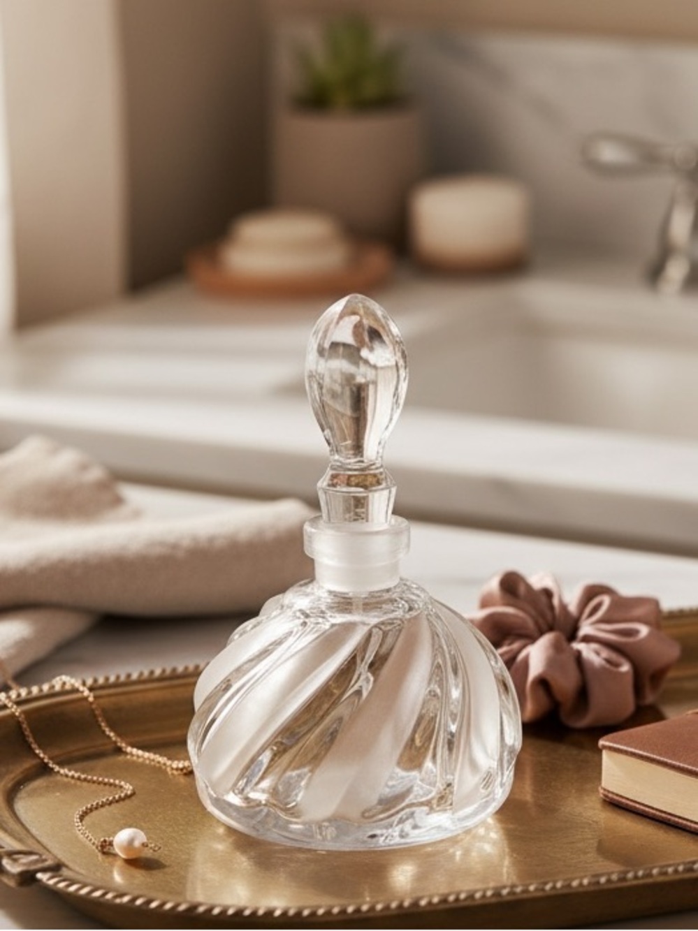 Vintage Clear Frosted Swirl Textured Pressed Glass Perfume Bottle with Stopper